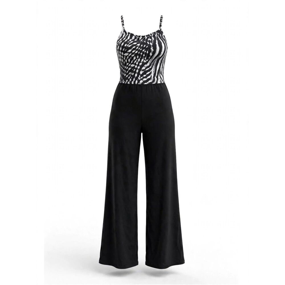 Cato Black and White Zebra-Print Wide-Leg Jumpsuit S